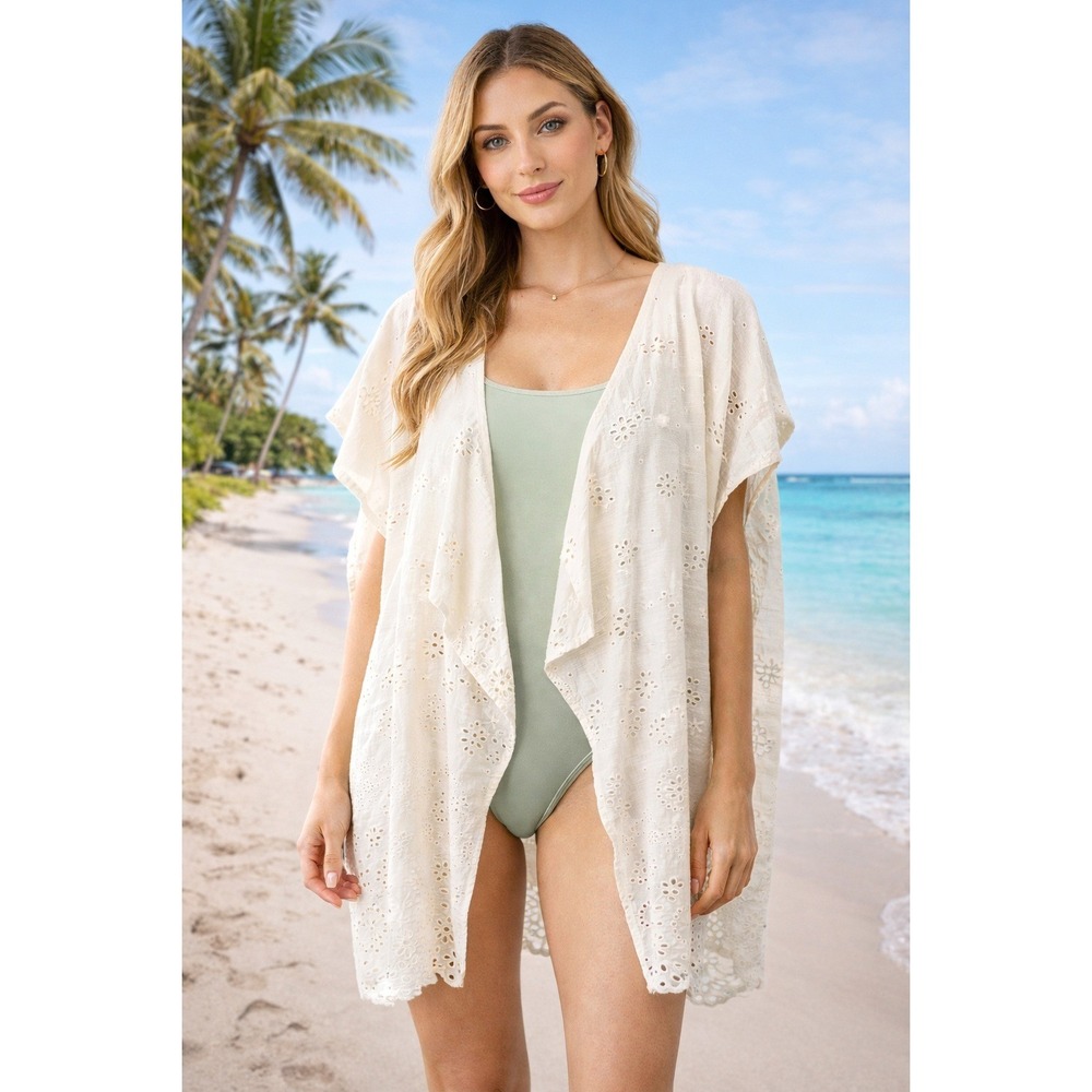 J CREW Eyelet Lace Organic Cotton Beach Poncho Swimsuit Cover Kimono White M/L